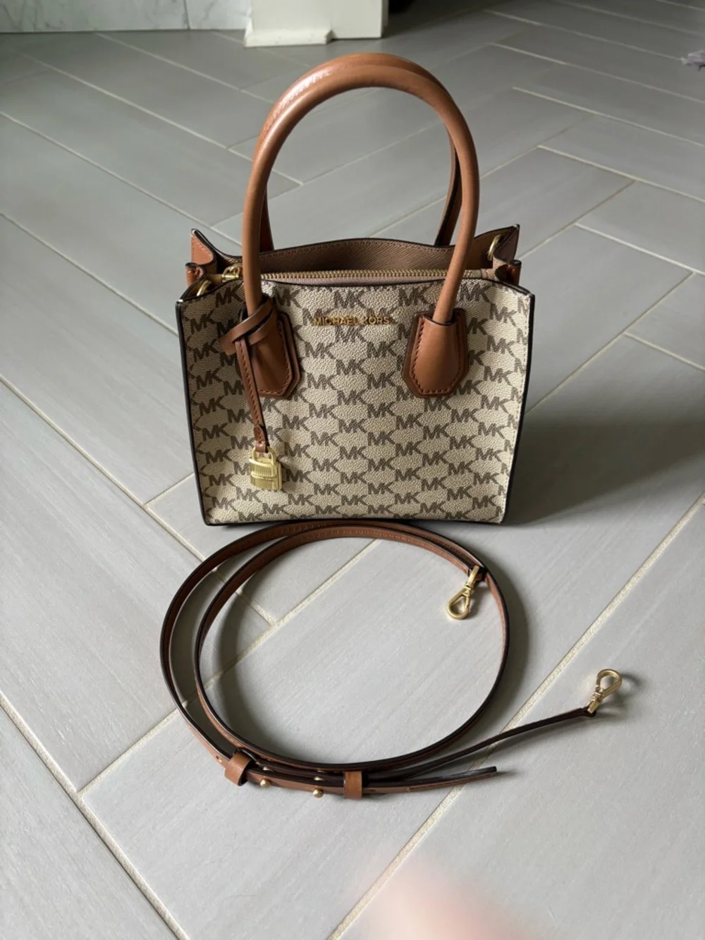 Michael Kors Medium Mercer Canvas Crossbody | Tan and Beige with Logo Print